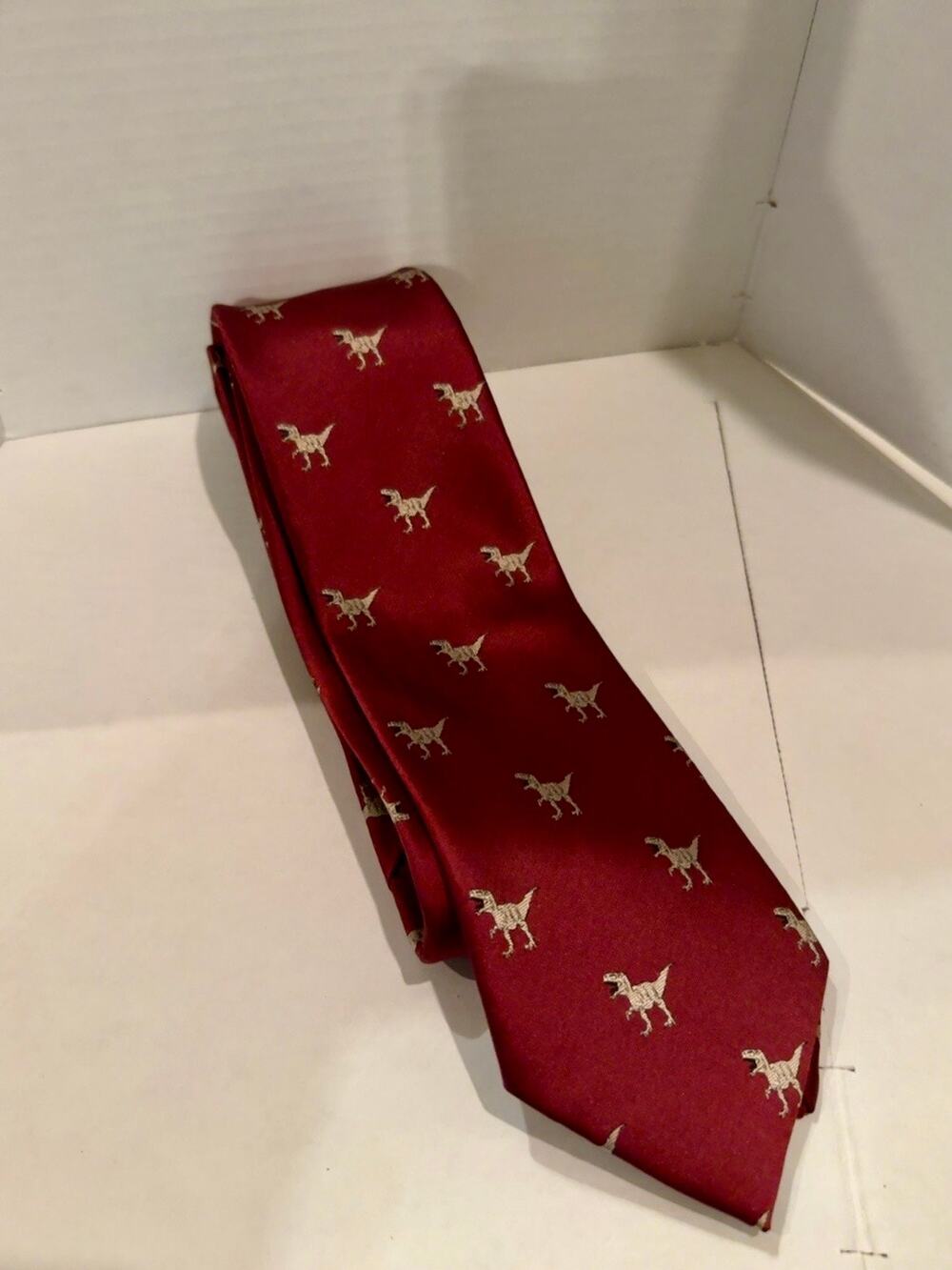 Barry Wang 100% Silk Tie Burgundy Gold T-Rex Dinosaur Novelty Necktie